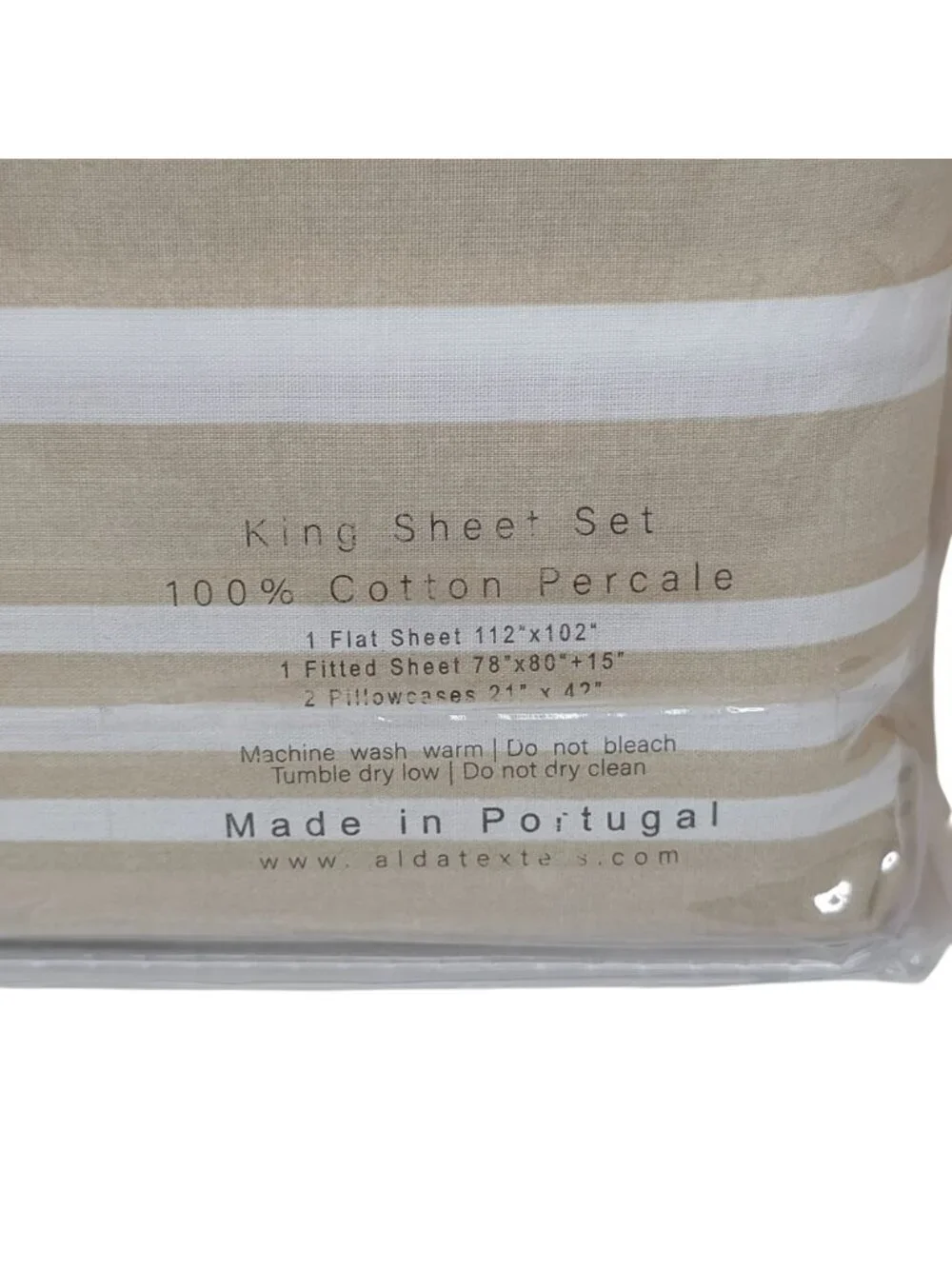 Alda Texteis Portugal King Sheet Set 100% Cotton Percale Beige & White Stripes
